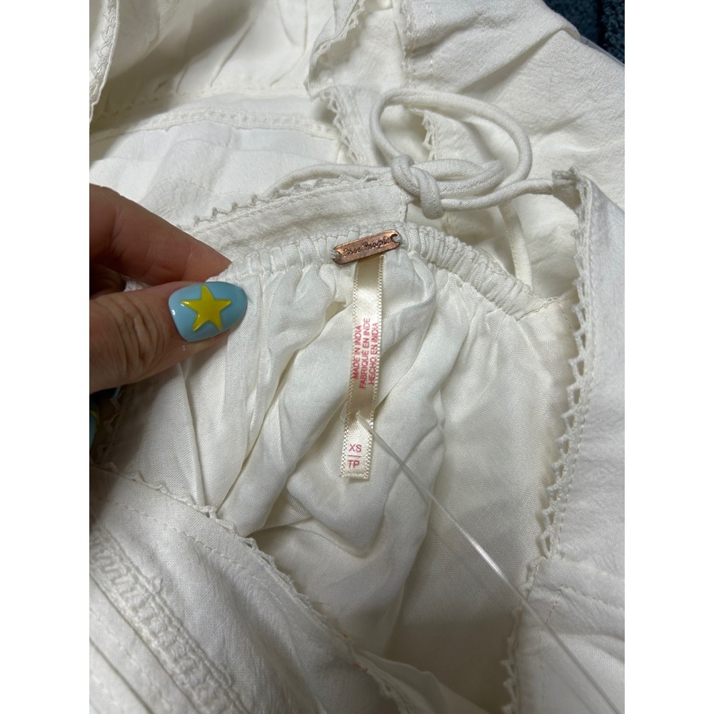 Free People White Cotton Halter Mini Dress Boho Pintuck Lace Trim XS NEW - Picture 2 of 8